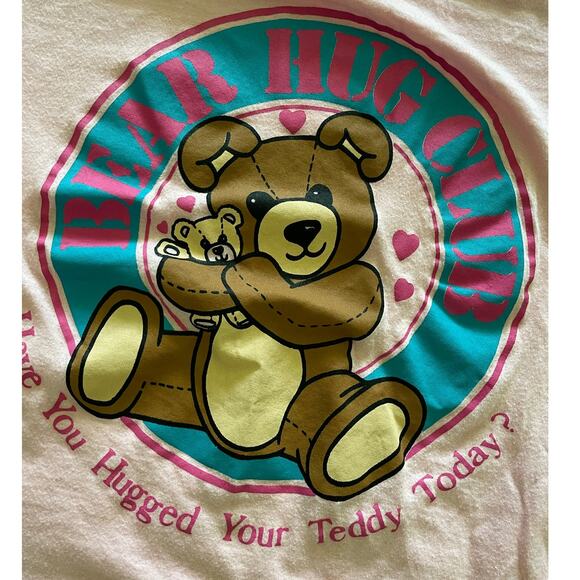 VTG 90s Bear Hug Club Pink Graphic T-Shirt Cottagecore Cute size S - Picture 2 of 6